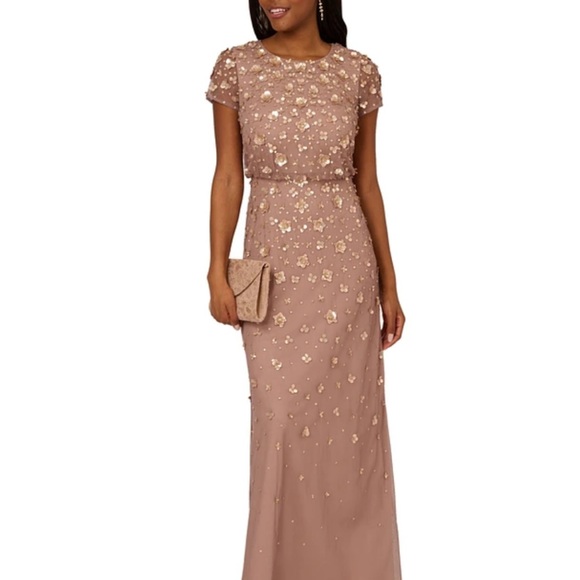 Adrianna Papell Women's Beige 3D Embellished Mesh Blouson Gown Dress Size  10P